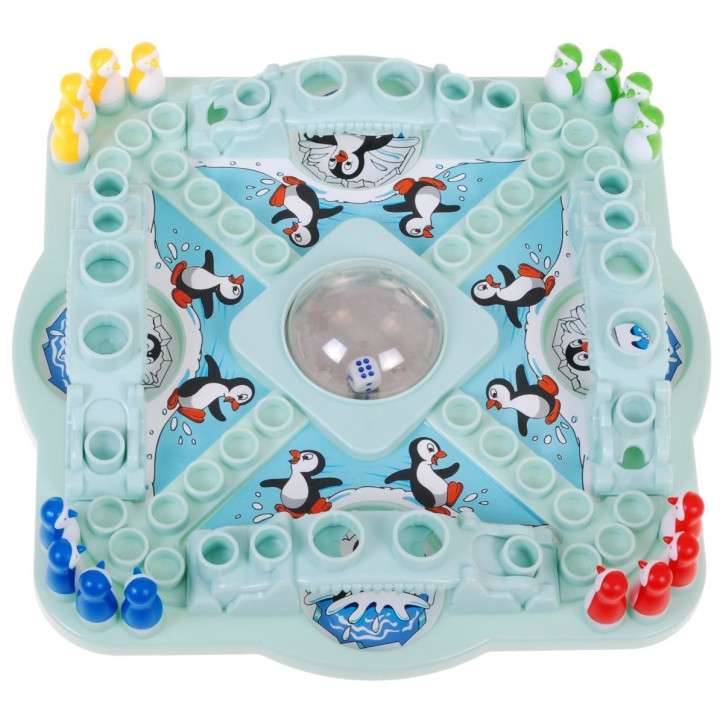 Gra planszowa "Wyścig pingwinów" chińczyk dla dzieci 4+ i dorosłych + Kolorowe pingwiny + Kostka w kuli