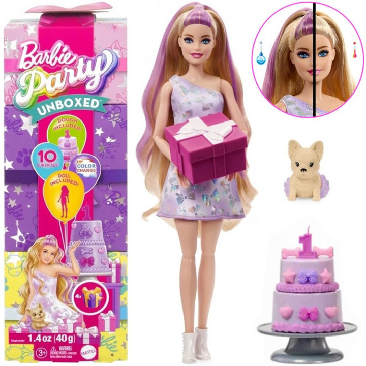 Mattel Barbie Party Unboxed lalka z serii: Urodziny + pies chihuahua ZA6065
