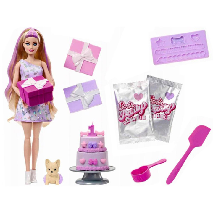 Mattel Barbie Party Unboxed lalka z serii: Urodziny + pies chihuahua ZA6065