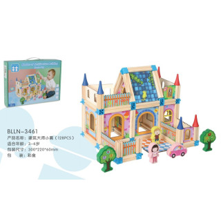 Drewniane klocki konstrukcyjne dla dzieci 3+ Kolorowy zestaw 128 el. do budowania domku